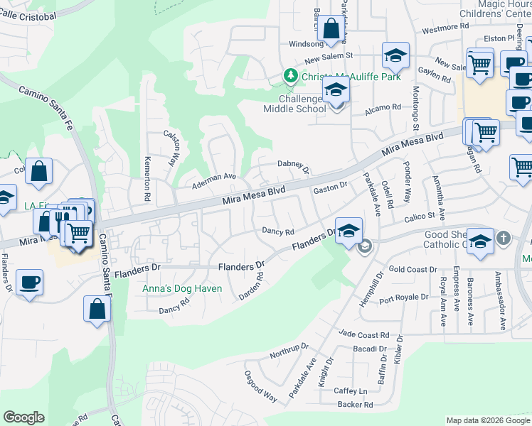 map of restaurants, bars, coffee shops, grocery stores, and more near 7615 Adkins Way in San Diego