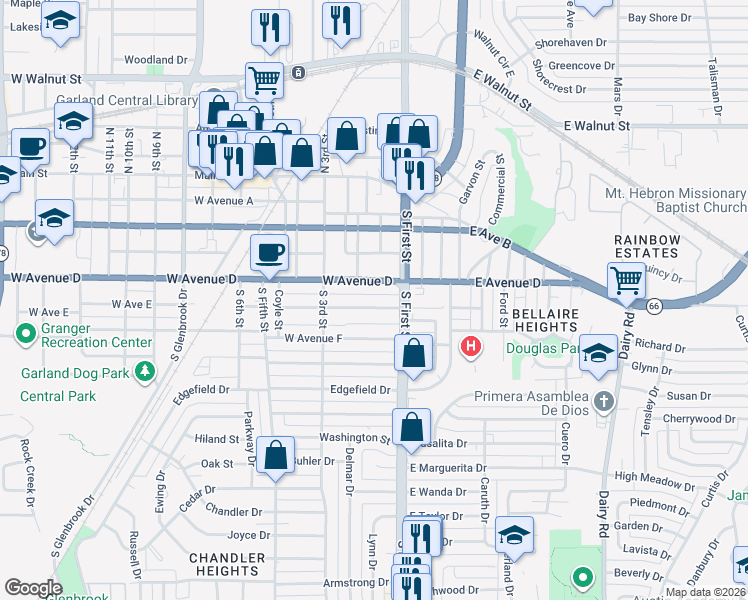 map of restaurants, bars, coffee shops, grocery stores, and more near 100 Texas 78 in Garland