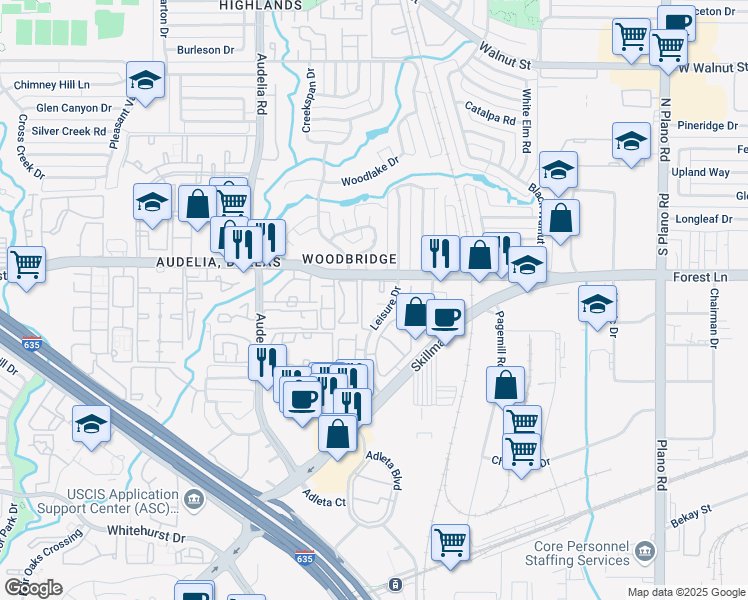 map of restaurants, bars, coffee shops, grocery stores, and more near 10010 Forest Lane in Dallas