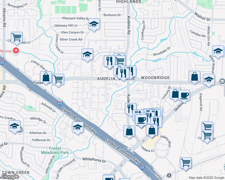 map of restaurants, bars, coffee shops, grocery stores, and more near 9744 Forest Lane in Dallas