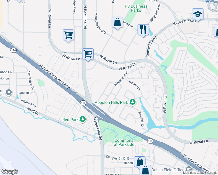 map of restaurants, bars, coffee shops, grocery stores, and more near 7332 Clementine Drive in Irving