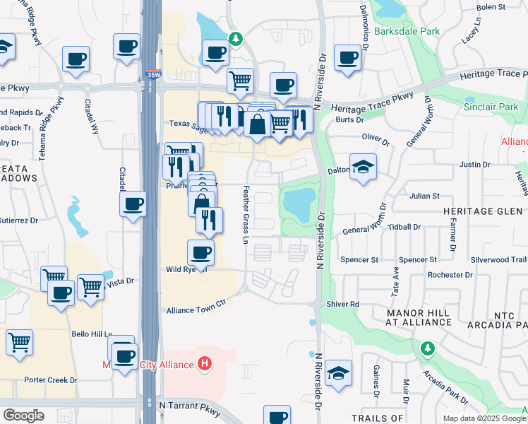 map of restaurants, bars, coffee shops, grocery stores, and more near 9337 Sage Villa Drive in Fort Worth