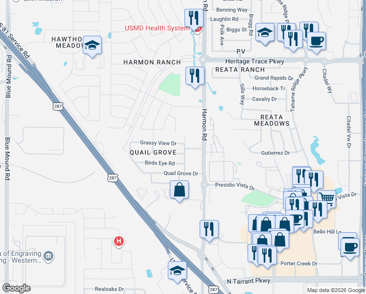 map of restaurants, bars, coffee shops, grocery stores, and more near 9209 White Swan Place in Fort Worth