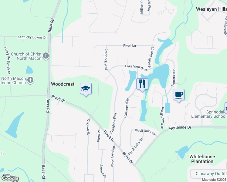 map of restaurants, bars, coffee shops, grocery stores, and more near 1300 Craddock Way in Macon