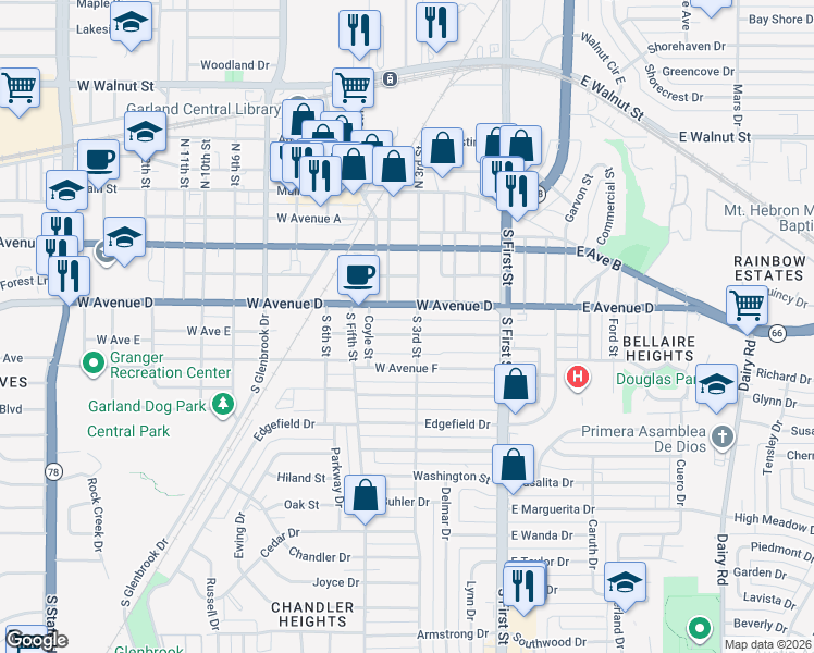 map of restaurants, bars, coffee shops, grocery stores, and more near 300 West Avenue D in Garland
