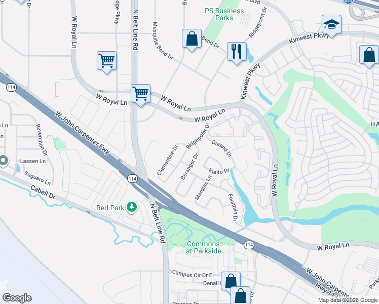 map of restaurants, bars, coffee shops, grocery stores, and more near 7341 Beranger Drive in Irving