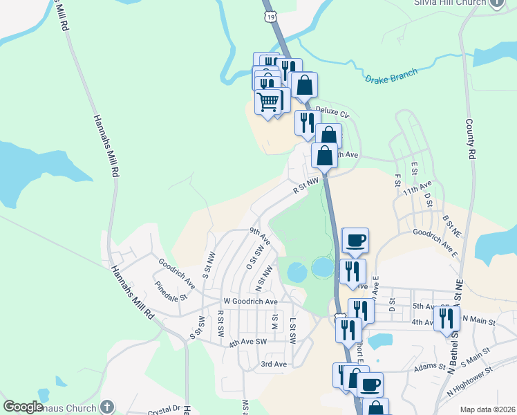 map of restaurants, bars, coffee shops, grocery stores, and more near 228 R Street Northwest in Thomaston