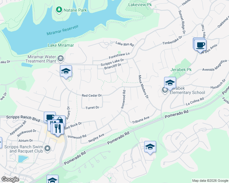 map of restaurants, bars, coffee shops, grocery stores, and more near Red Cedar Drive in San Diego