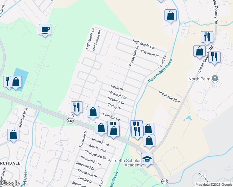 map of restaurants, bars, coffee shops, grocery stores, and more near 7716 McKnight Drive in North Charleston