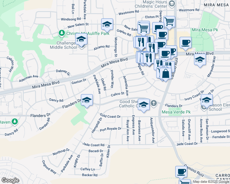 map of restaurants, bars, coffee shops, grocery stores, and more near 7944 Calico Street in San Diego