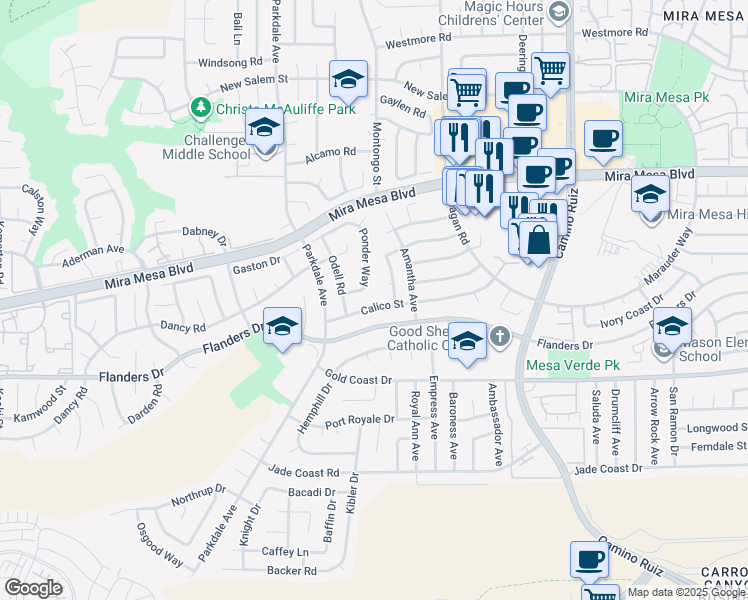 map of restaurants, bars, coffee shops, grocery stores, and more near 7944 Calico Street in San Diego