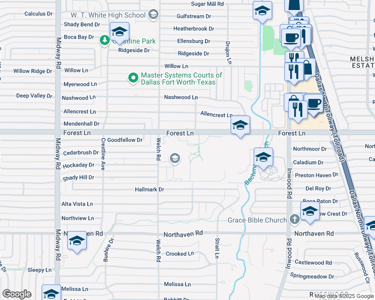 map of restaurants, bars, coffee shops, grocery stores, and more near 11600 Welch Road in Dallas