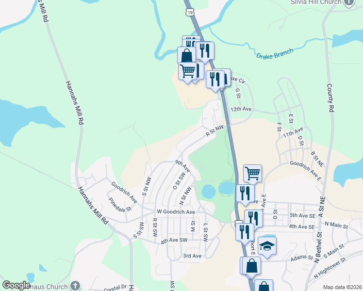 map of restaurants, bars, coffee shops, grocery stores, and more near 228 R Street Northwest in Thomaston