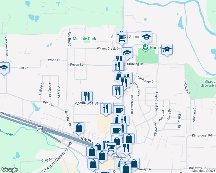 map of restaurants, bars, coffee shops, grocery stores, and more near 833 Boyd Road in Azle