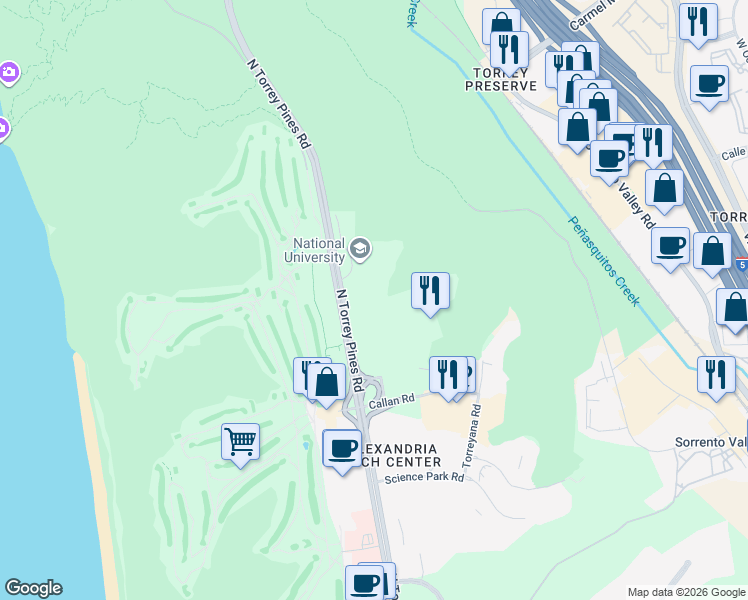 map of restaurants, bars, coffee shops, grocery stores, and more near 11119 North Torrey Pines Road in San Diego
