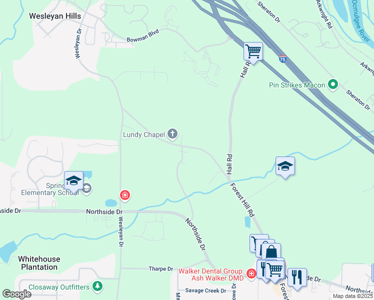 map of restaurants, bars, coffee shops, grocery stores, and more near 2074 Forest Hill Road in Macon