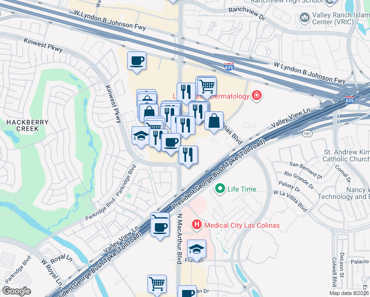map of restaurants, bars, coffee shops, grocery stores, and more near 7510 North MacArthur Boulevard in Irving