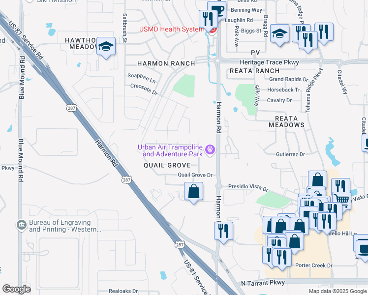 map of restaurants, bars, coffee shops, grocery stores, and more near 1700 Grassy View Drive in Fort Worth
