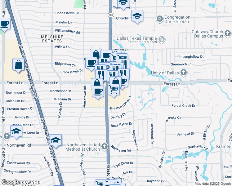 map of restaurants, bars, coffee shops, grocery stores, and more near 11700 Preston Road in Dallas