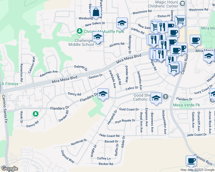 map of restaurants, bars, coffee shops, grocery stores, and more near 10474 Flanders Place in San Diego