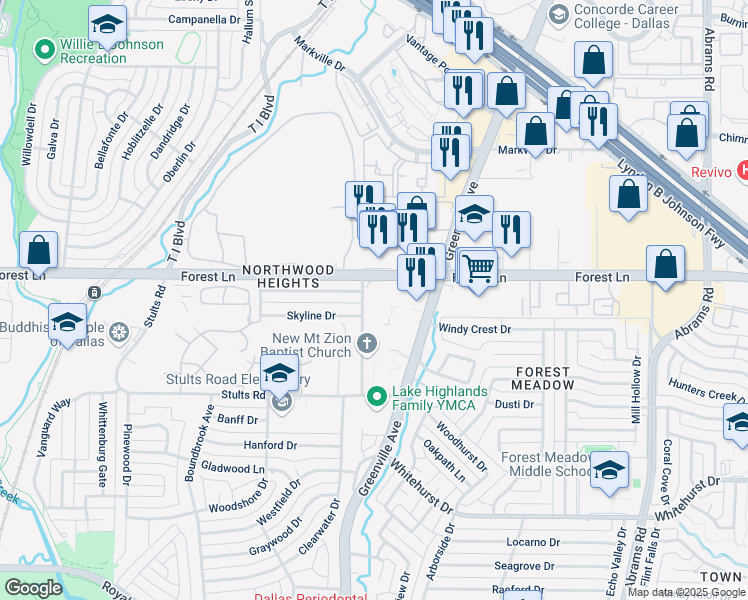 map of restaurants, bars, coffee shops, grocery stores, and more near 9730 Shepherd Road in Dallas