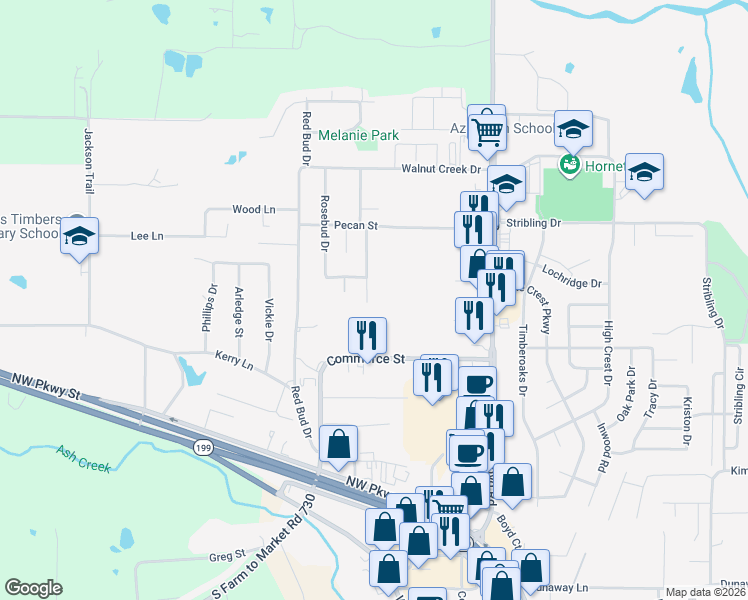 map of restaurants, bars, coffee shops, grocery stores, and more near 816 Red Oak Court in Azle
