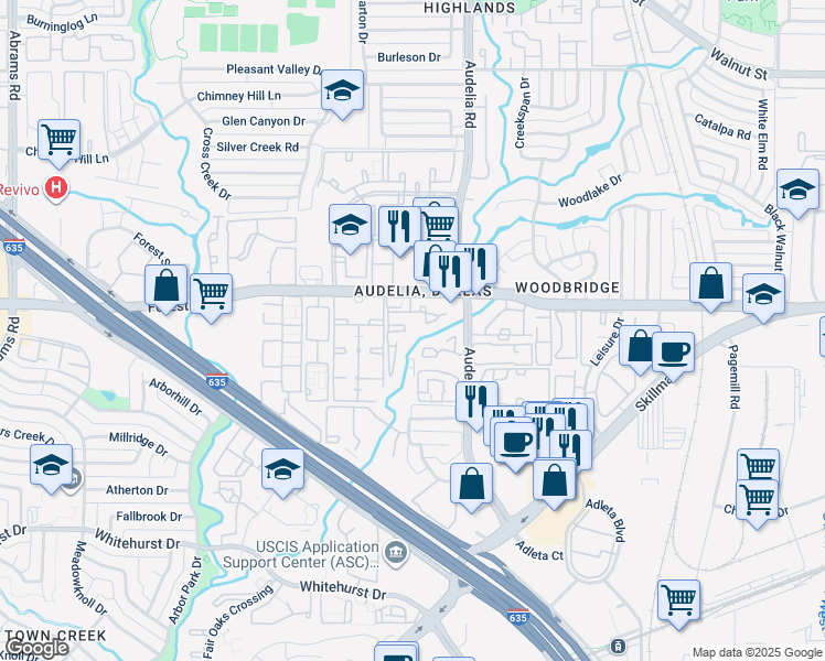 map of restaurants, bars, coffee shops, grocery stores, and more near 9744 Forest Lane in Dallas