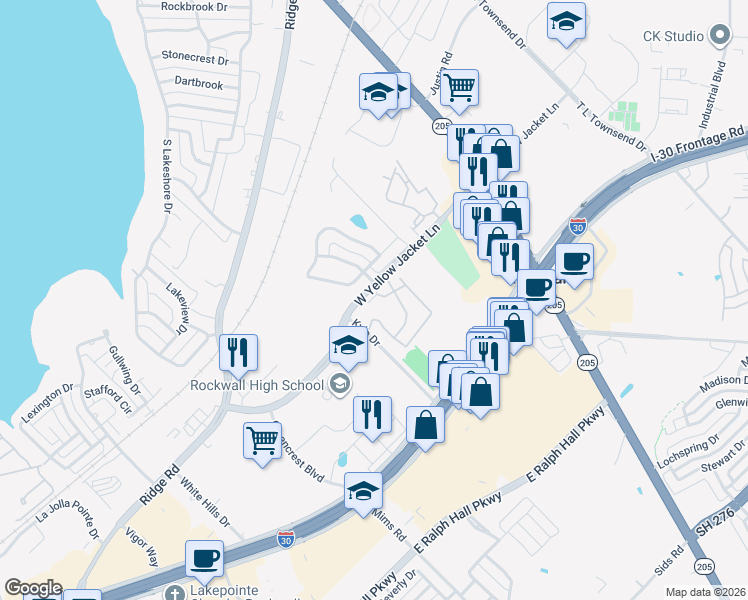 map of restaurants, bars, coffee shops, grocery stores, and more near 811 West Yellow Jacket Lane in Rockwall