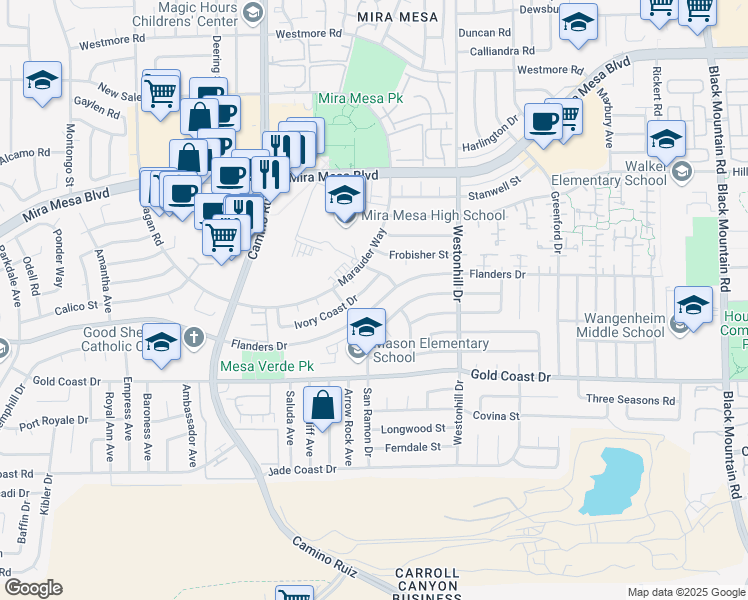 map of restaurants, bars, coffee shops, grocery stores, and more near 8559 Ivory Coast Drive in San Diego