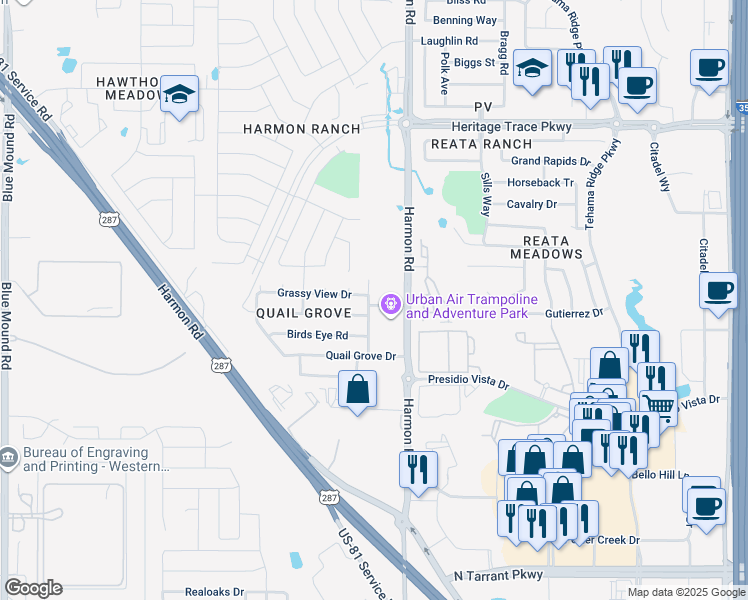 map of restaurants, bars, coffee shops, grocery stores, and more near 9200 White Swan Place in Fort Worth