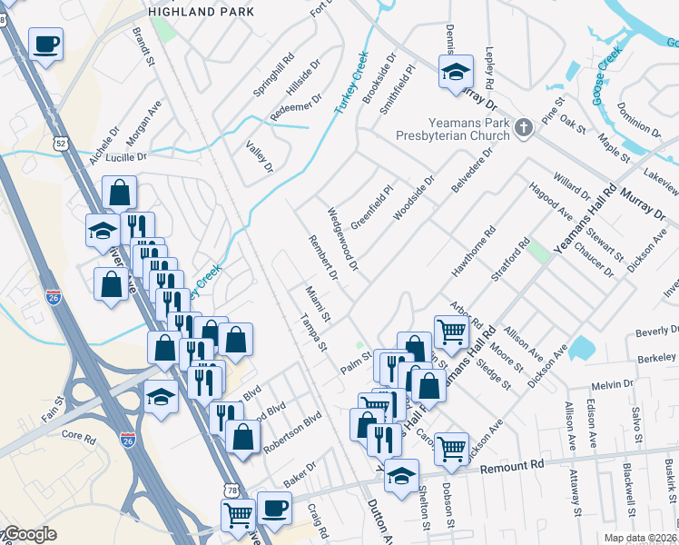 map of restaurants, bars, coffee shops, grocery stores, and more near 6010 Rembert Drive in Hanahan