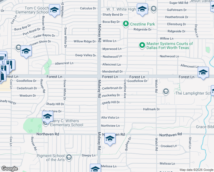 map of restaurants, bars, coffee shops, grocery stores, and more near 4231 Cedarbrush Drive in Dallas