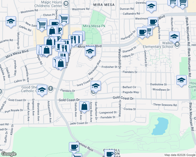 map of restaurants, bars, coffee shops, grocery stores, and more near 8559 Ivory Coast Drive in San Diego