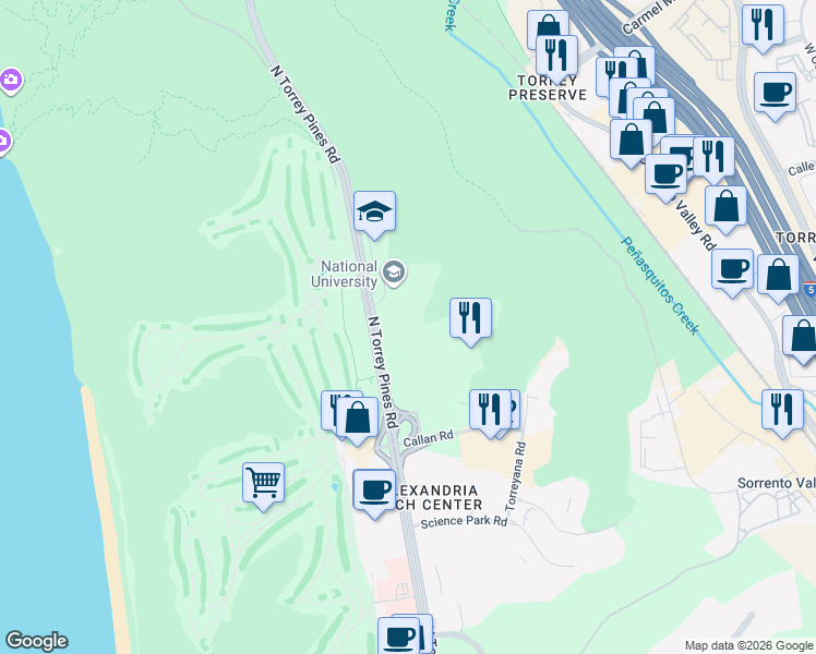 map of restaurants, bars, coffee shops, grocery stores, and more near 11149 North Torrey Pines Road in San Diego