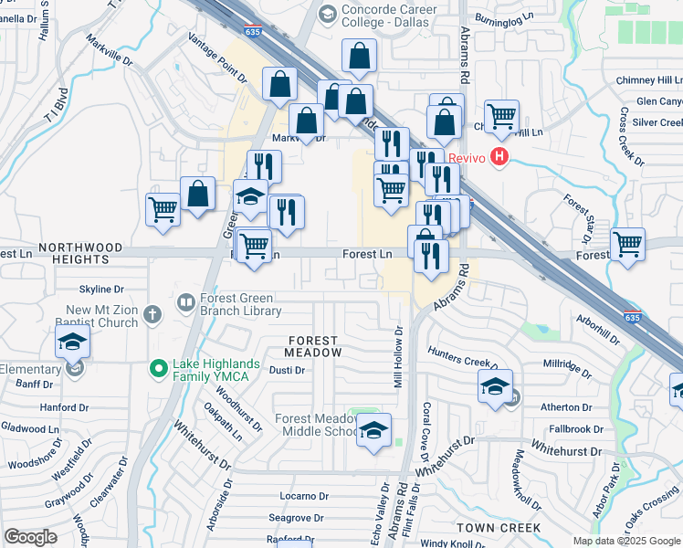 map of restaurants, bars, coffee shops, grocery stores, and more near 9254 Forest Lane in Dallas