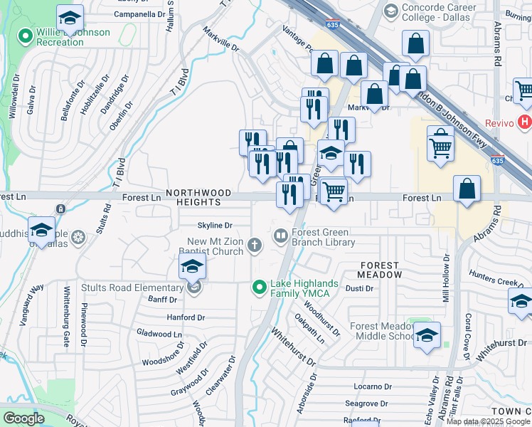 map of restaurants, bars, coffee shops, grocery stores, and more near 9730 Shepherd Road in Dallas