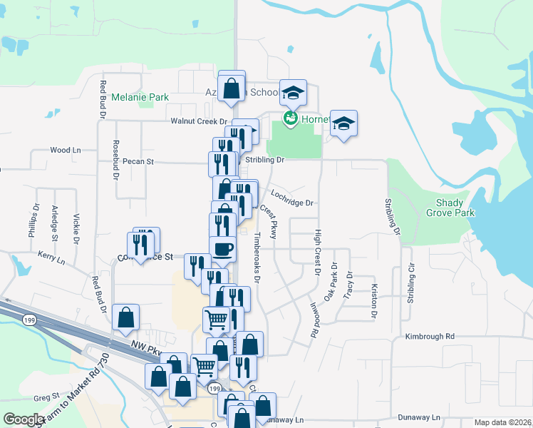 map of restaurants, bars, coffee shops, grocery stores, and more near 833 Lake Crest Parkway in Azle