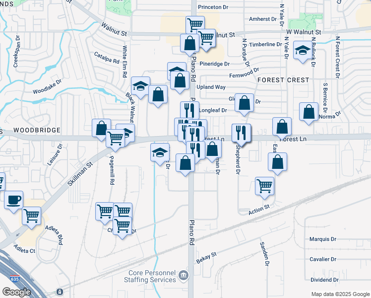 map of restaurants, bars, coffee shops, grocery stores, and more near 11749 Plano Road in Dallas