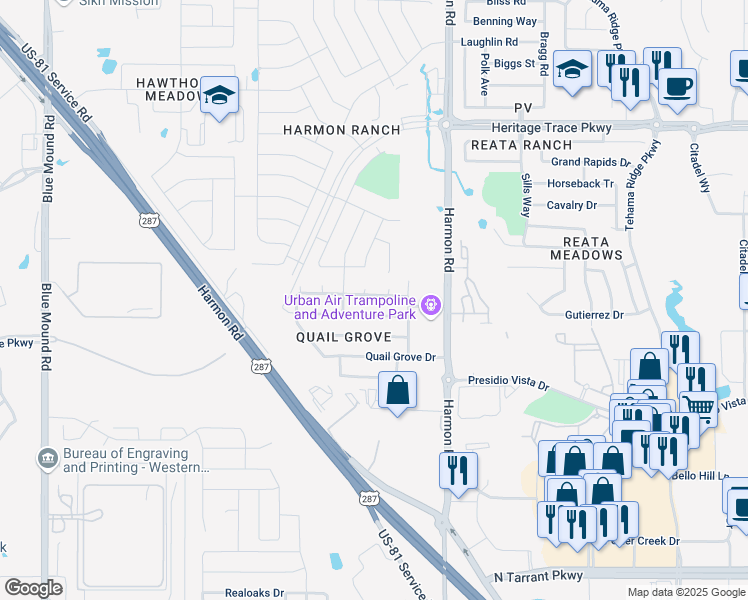 map of restaurants, bars, coffee shops, grocery stores, and more near 1636 Grassy View Drive in Fort Worth