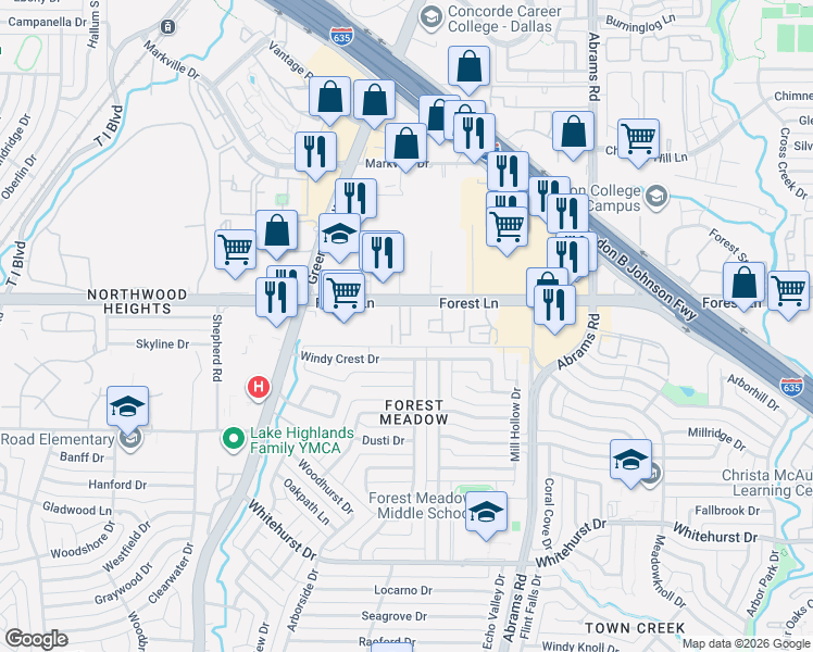 map of restaurants, bars, coffee shops, grocery stores, and more near 9186 Forest Lane in Dallas