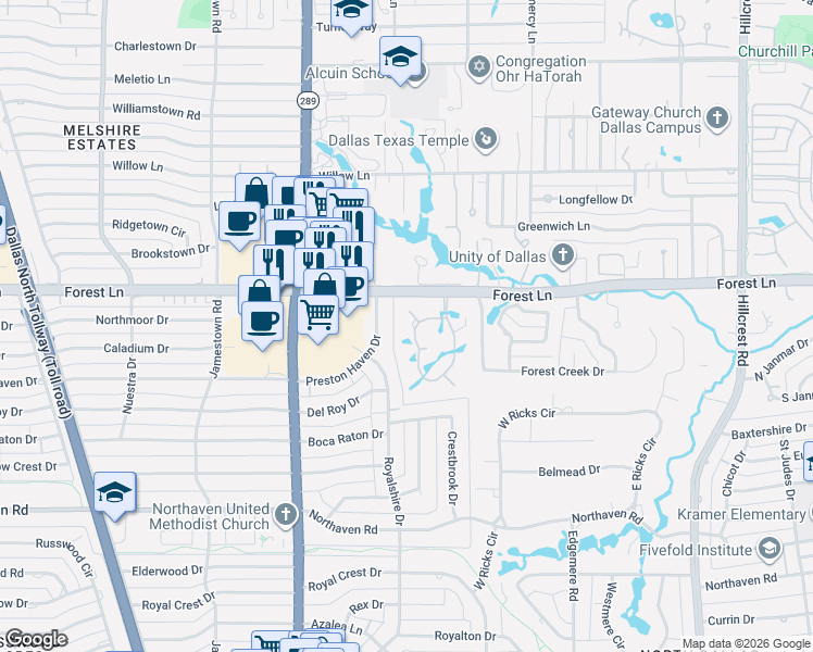 map of restaurants, bars, coffee shops, grocery stores, and more near 27 Robledo Drive in Dallas