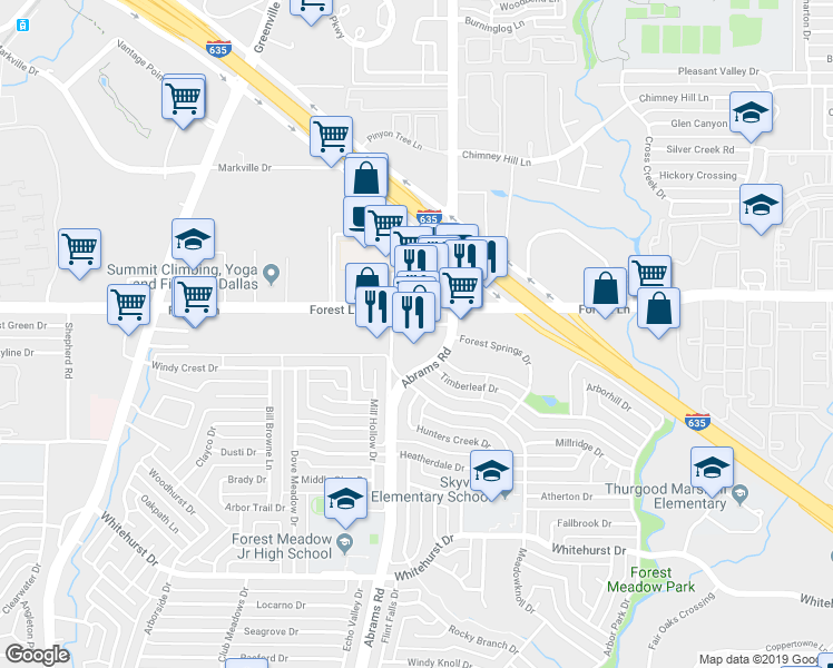 map of restaurants, bars, coffee shops, grocery stores, and more near 9310 Forest Lane in Dallas