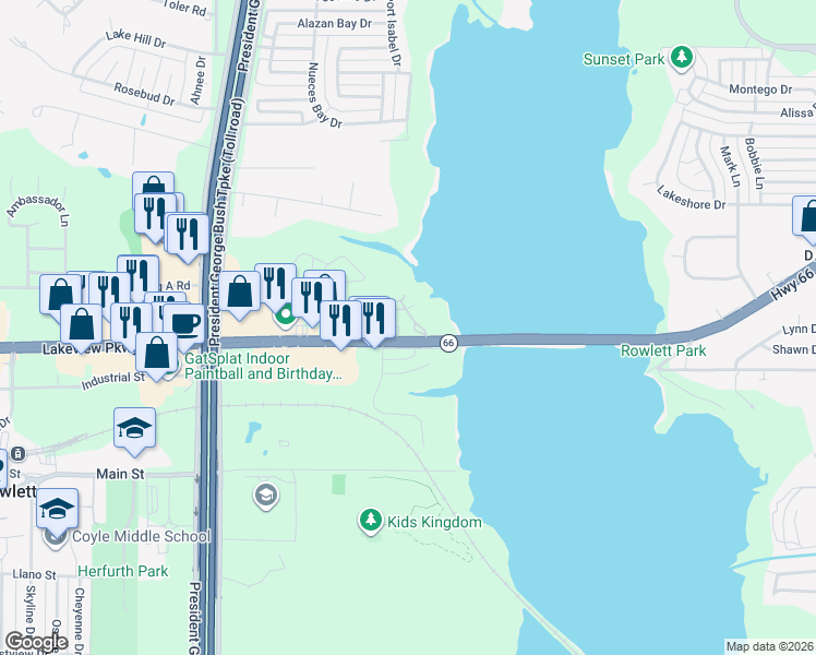 map of restaurants, bars, coffee shops, grocery stores, and more near 5501 Highway 66 in Rowlett