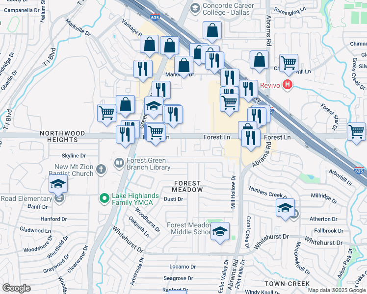 map of restaurants, bars, coffee shops, grocery stores, and more near 9180 Forest Lane in Dallas