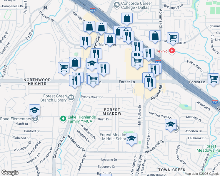 map of restaurants, bars, coffee shops, grocery stores, and more near 9184 Forest Lane in Dallas