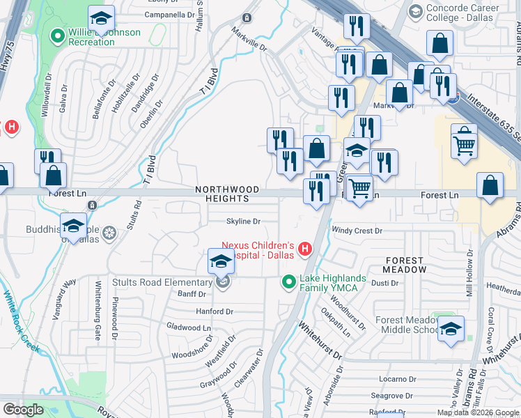 map of restaurants, bars, coffee shops, grocery stores, and more near 8812 Forest Green Drive in Dallas