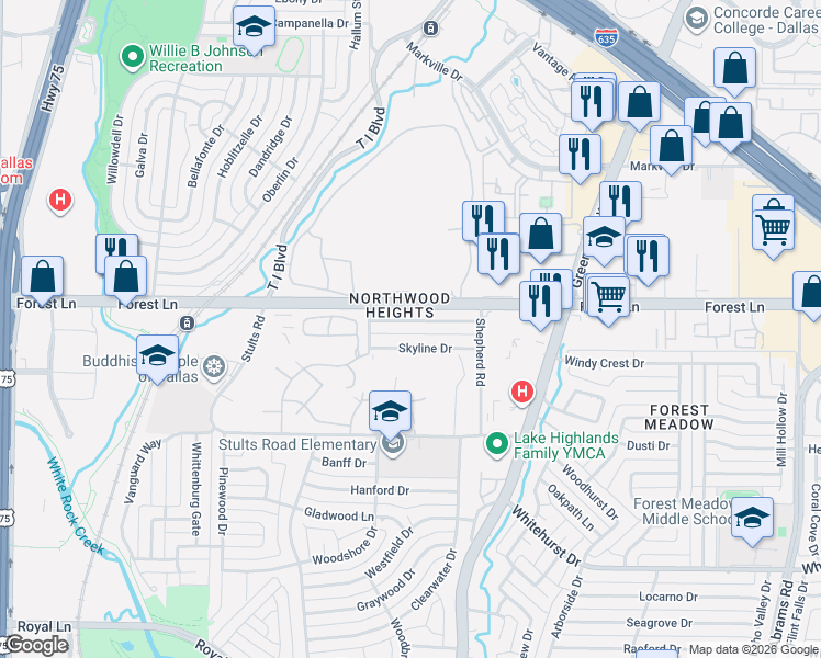 map of restaurants, bars, coffee shops, grocery stores, and more near 8704 Forest Green Drive in Dallas