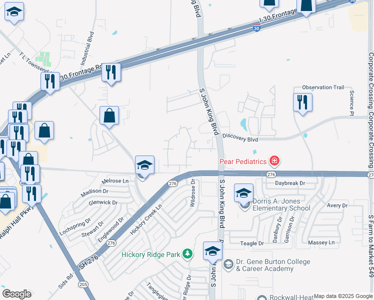 map of restaurants, bars, coffee shops, grocery stores, and more near 1650 John King Boulevard in Rockwall