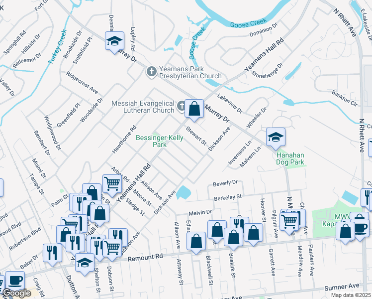 map of restaurants, bars, coffee shops, grocery stores, and more near 5814 Robinhood Drive in Hanahan