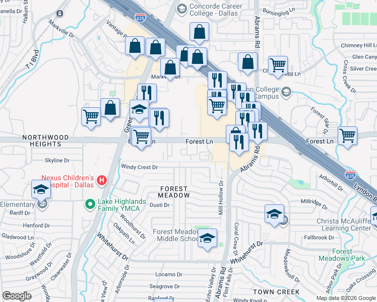 map of restaurants, bars, coffee shops, grocery stores, and more near 9254 Forest Lane in Dallas